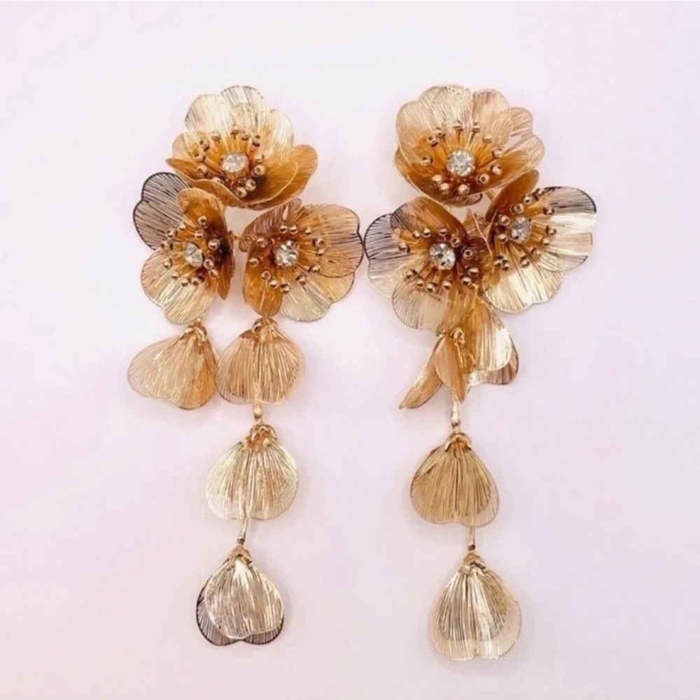 Gold Floral Drop Earrings - Picture 7 of 7